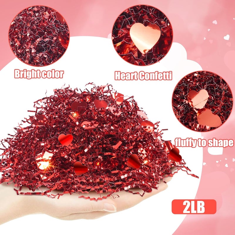 TORONTOKYO 32oz Valentine's Day Crinkle Cut Paper Shred, Red Metallic Raffia Paper Shred Filler Grass with Red Heart Confetti for Gift Wrapping, Basket Filling, Wedding, Party Supply - Image 2